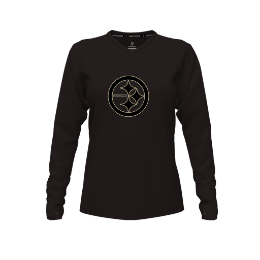 [CUS-DFW-TEES-CMF-VNK-LSL-BLK-FYXS-LOGO2] Comfort T-Shirt (Female Youth XS, Black, V Neck, Logo 2, Long Sleeve)