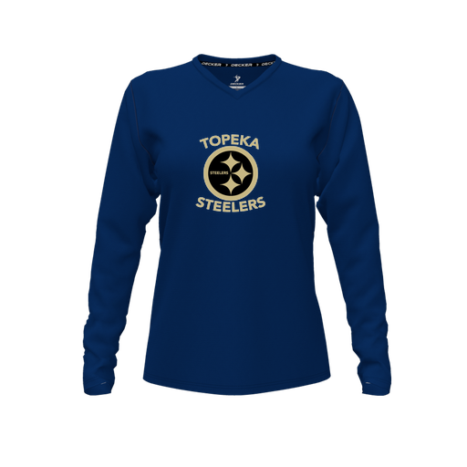 [CUS-DFW-TEES-CMF-VNK-LSL-NVY-FYXS-LOGO1] Comfort T-Shirt (Female Youth XS, Navy, V Neck, Logo 1, Long Sleeve)