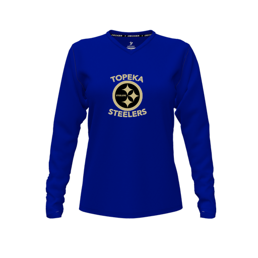 [CUS-DFW-TEES-CMF-VNK-LSL-RYL-FYXS-LOGO1] Decker Comfort T-Shirt (Female Youth XS, Royal, V Neck, Logo 1, Long Sleeve)