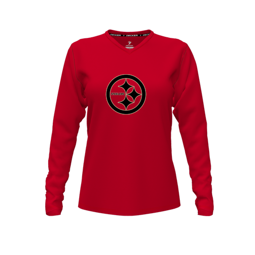 [CUS-DFW-TEES-CMF-VNK-LSL-RED-FYXS-LOGO2] Comfort T-Shirt (Female Youth XS, Red, V Neck, Logo 2, Long Sleeve)